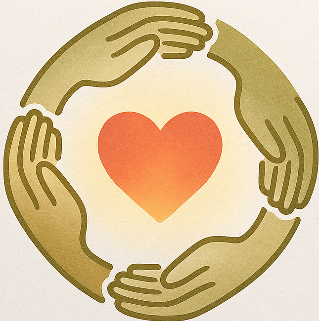 A glowing heart cradled by diverse hands, symbolizing love, care, and unity among all people.